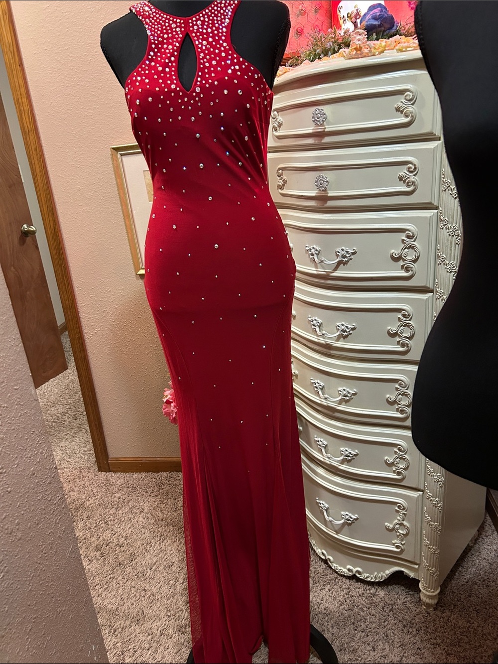 Red Rhinestone Embellished Prom Gown